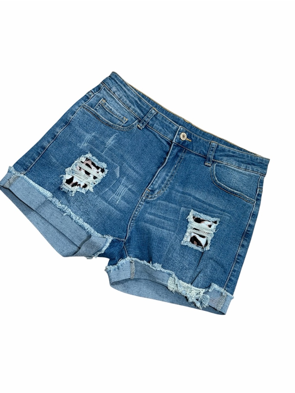 Distressed Mid-Blue Denim Shorts with Leopard Print Patch Detail